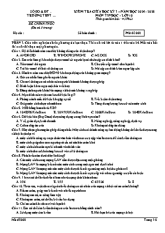 Đề kiểm tra giữa học kì I môn Tin học Lớp 10 năm học 2024-2025 (Có đáp án)