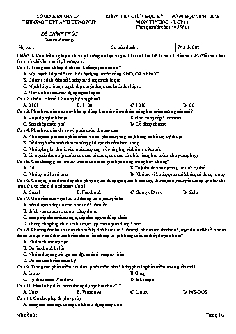 Đề kiểm tra giữa học kì I môn Tin học Lớp 11 năm học 2024-2025 (Có đáp án + Ma trận)