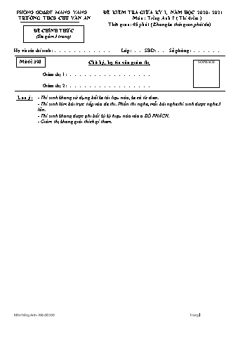 Đề kiểm tra giữa học kì I năm học 2020-2021 môn Tiếng Anh 7 - Trường THCS Chu Văn An (Có ma trận)