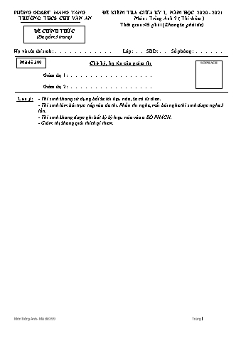 Đề kiểm tra giữa học kì I năm học 2020-2021 môn Tiếng Anh 7 - Trường THCS Chu Văn An (Có đáp án + Ma trận)