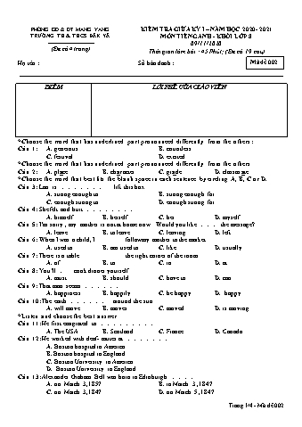 Đề kiểm tra giữa học kì I năm học 2020-2021 môn Tiếng Anh 8 - Trường TH & THCS Đăk Yă (Có đáp án)