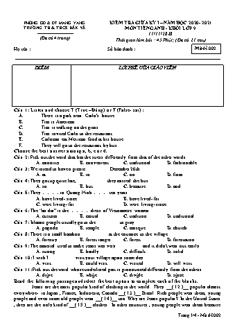 Đề kiểm tra giữa học kì I năm học 2020-2021 môn Tiếng Anh 9 - Trường TH & THCS Đăk Yă (Có đáp án + Ma trận)