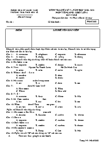Đề kiểm tra giữa học kì I năm học 2020-2021 môn Tiếng Anh Khối 6 - Trường TH & THCS Đăk Yă (Có đáp án)