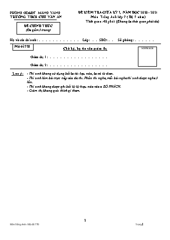 Đề kiểm tra giữa học kì I năm học 2020-2021 môn Tiếng Anh Lớp 7 (Hệ 7 năm) - Trường THCS Chu Văn An (Có đáp án + Ma trận)