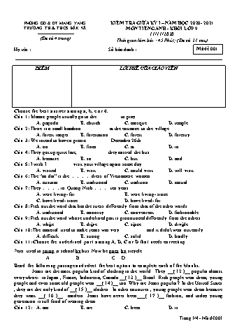 Đề kiểm tra giữa học kì I năm học 2020-2021 môn Tiếng Anh Lớp 9 - Trường TH & THCS Đăk Yă (Có đáp án + Ma trận)