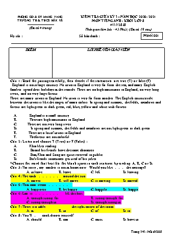 Đề kiểm tra giữa học kì I năm học 2020-2021 môn Tiếng Anh Lớp 8 - Trường TH & THCS Đăk Yă (Có đáp án)