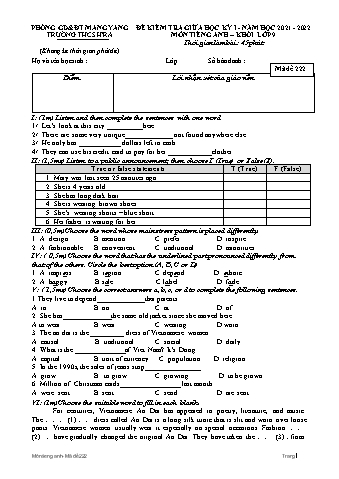 Đề kiểm tra giữa học kì I năm học 2021-2022 môn Tiếng Anh 9 - Trường THCS Hra (Có đáp án)