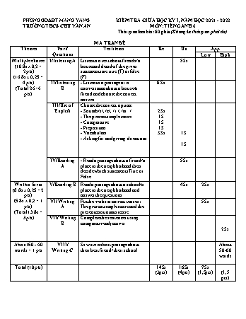 Đề kiểm tra giữa học kì I năm học 2021-2022 môn Tiếng Anh Lớp 6 - Trường THCS Chu Văn An (Có đáp án + Ma trận)