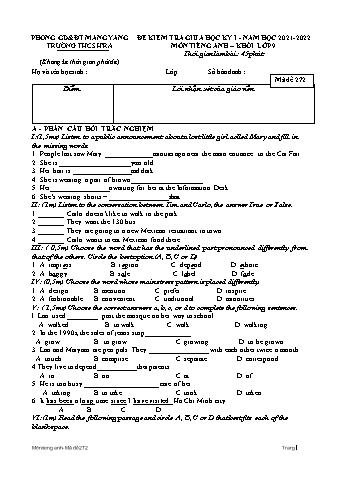 Đề kiểm tra giữa học kì I năm học 2021-2022 môn Tiếng Anh Lớp 9 - Trường THCS Hra (Có đáp án)