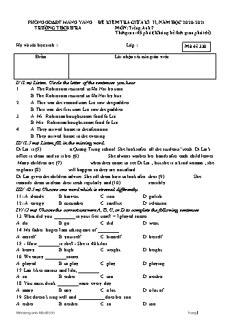 Đề kiểm tra giữa học kì II môn Tiếng Anh 7 năm học 2020-2021 - Trường THCS Hra (Có đáp án + Ma trận)