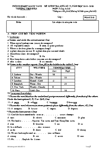 Đề kiểm tra giữa học kì II môn Tiếng Anh 8 năm học 2019-2020 - Trường THCS Hra (Có đáp án)
