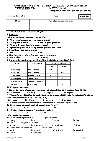 Đề kiểm tra giữa học kì II môn Tiếng Anh Lớp 8 năm học 2019-2020 - Trường THCS Hra (Có đáp án)