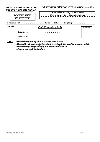 Đề kiểm tra giữa học kì II năm học 2020-2021 môn Tiếng Anh 7 (Hệ 7 năm) - Trường THCS Chu Văn An