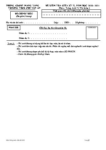 Đề kiểm tra giữa học kì II năm học 2020-2021 môn Tiếng Anh 7 - Trường THCS Chu Văn An (Có đáp án + Ma trận)