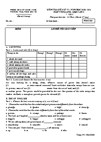 Đề kiểm tra giữa học kì II năm học 2020-2021 môn Tiếng Anh Lớp 9 - Trường TH & THCS Đăk Yă (Có đáp án + Ma trận)
