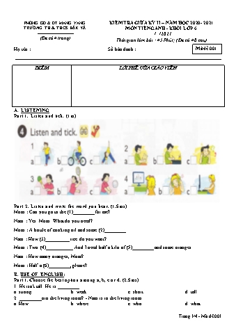 Đề kiểm tra giữa học kì II năm học 2020-2021 môn Tiếng Anh Lớp 6 - Trường TH & THCS Đăk Yă (Có đáp án + Ma trận)