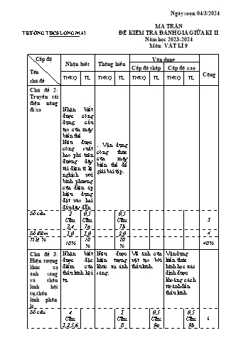 Đề kiểm tra giữa học kì II năm học 2023-2024 môn Vật lí Lớp 9 - Trường THCS Long Mai (Có đáp án + Ma trận)