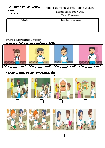 Đề kiểm tra học kì I môn Tiếng Anh 3 năm học 2019-2020 - Trường Tiểu học Kon Thup (Có đáp án)