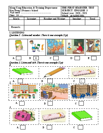 Đề kiểm tra học kì I môn Tiếng Anh 3 năm học 2020-2021 - Trường Tiểu học Thị trấn Kon Dơng số 1 (Có đáp án + Ma trận)
