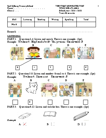 Đề kiểm tra học kì I môn Tiếng Anh 3 năm học 2021-2022 - Trường Tiểu học Dăk Djrang (Có đáp án + Ma trận)