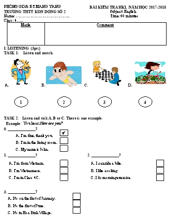 Đề kiểm tra học kì I môn Tiếng Anh 4 năm học 2017-2018 - Trường Tiểu học Thị trấn Kon Dơng số 2