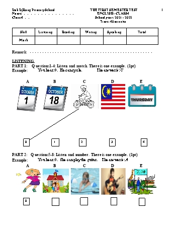 Đề kiểm tra học kì I môn Tiếng Anh 4 năm học 2021-2022 - Trường Tiểu học Dăk Djrang (Có đáp án + Ma trận)