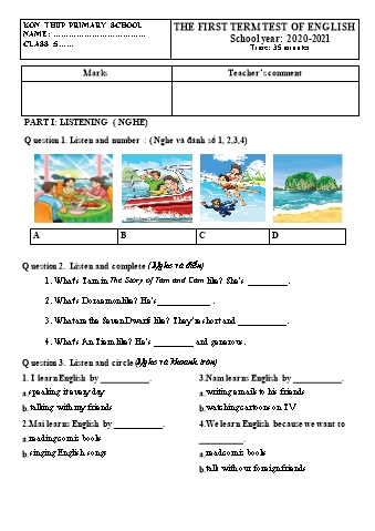 Đề kiểm tra học kì I môn Tiếng Anh 5 năm học 2020-2021 - Trường Tiểu học Kon Thup (Có đáp án)