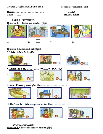 Đề kiểm tra học kì II môn Tiếng Anh 3 - Trường Tiểu học Ayun 2 (Có đáp án + Ma trận)