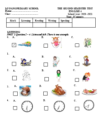 Đề kiểm tra học kì II môn Tiếng Anh 4 năm học 2020-2021 - Trường Tiểu học Lơ Pang (Có đáp án + Ma trận)