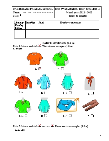 Đề kiểm tra học kì II môn Tiếng Anh 4 năm học 2021-2022 - Trường Tiểu học Dăk Djrang (Có đáp án + Ma trận)
