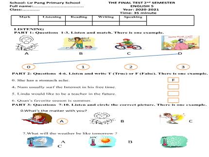 Đề kiểm tra học kì II môn Tiếng Anh 5 năm học 2020-2021 - Trường Tiểu học Lơ Pang (Có đáp án + Ma trận)