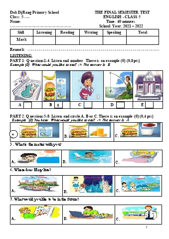 Đề kiểm tra học kì II môn Tiếng Anh 5 năm học 2021-2022 - Trường Tiểu học Dăk Djrang (Có đáp án + Ma trận)