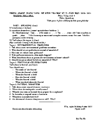 Đề kiểm tra học kì II môn Tiếng Anh 9 (Speaking) năm học 2020-2021 - Trường THCS Hra