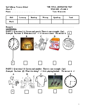 Đề kiểm tra học kì II môn Tiếng Anh Lớp 4 năm học 2021-2022 - Trường Tiểu học Dăk Djrang (Có đáp án + Ma trận)