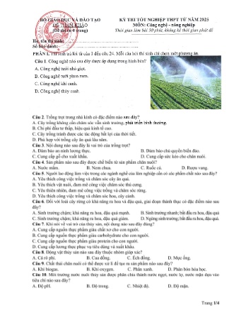 Đề tham khảo thi tốt nghiệp THPT từ năm 2025 môn Công nghệ - Nông nghiệp (Có đáp án)