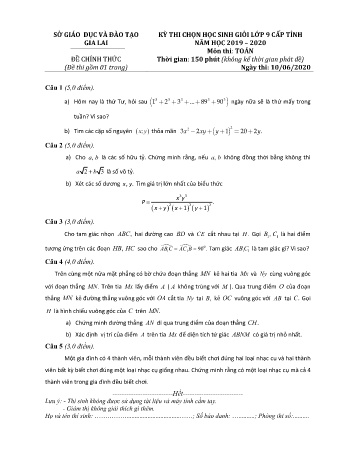Đề thi chọn học sinh giỏi cấp Tỉnh môn Toán 9 năm học 2019-2020 (Có đáp án)