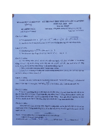 Đề thi chọn học sinh giỏi cấp Tỉnh môn Toán 9 năm học 2020-2021