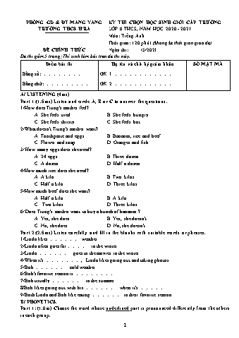Đề thi chọn học sinh giỏi cấp trương môn Tiếng Anh 6 năm học 2020-2021 - Trường THCS Hra (Có đáp án)