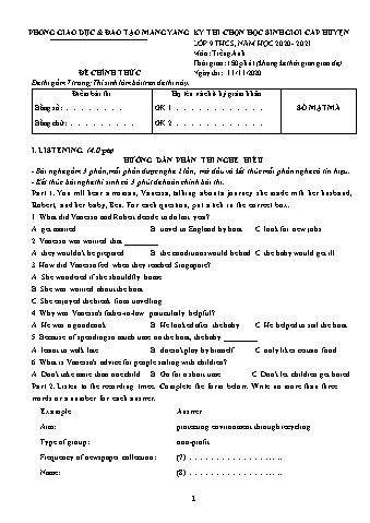 Đề thi chọn học sinh giỏi môn Tiếng Anh 9 cấp Huyện năm học 2020-2021 (Có đáp án)
