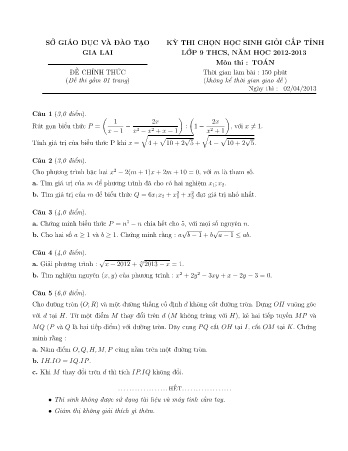 Đề thi học sinh giỏi cấp Tỉnh môn Toán 9 THCS năm học 2012-2013 (Có đáp án)