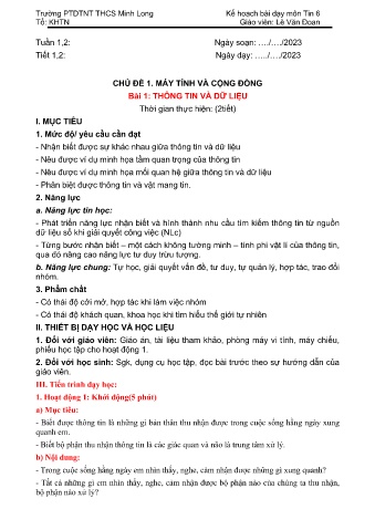 Kế hoạch bài dạy Tin học 6 - Tuần 1+2 - Lê Văn Đoan