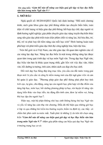 SKKN Làm thế nào để nâng cao hiệu quả giờ dạy và học đọc hiểu văn bản trong môn Ngữ văn 9?